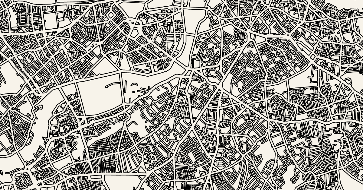 Dense London street grid — every fine street kept as a clean, cuttable line