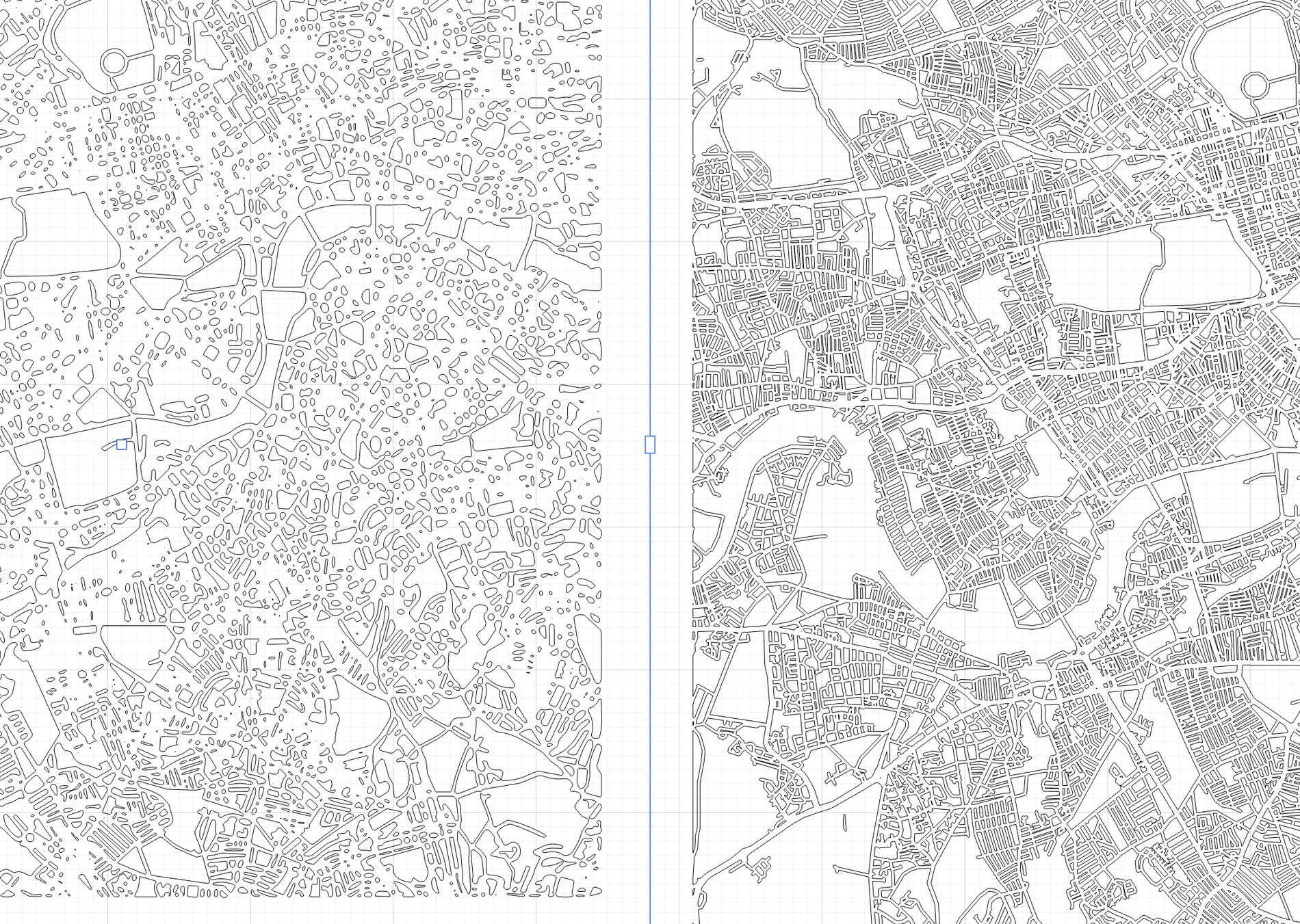 Side-by-side dense-city laser export: a typical auto-generated file collapses into thousands of tiny fragile slivers, while the Maperivo file keeps coherent, cuttable streets at real millimetre widths.