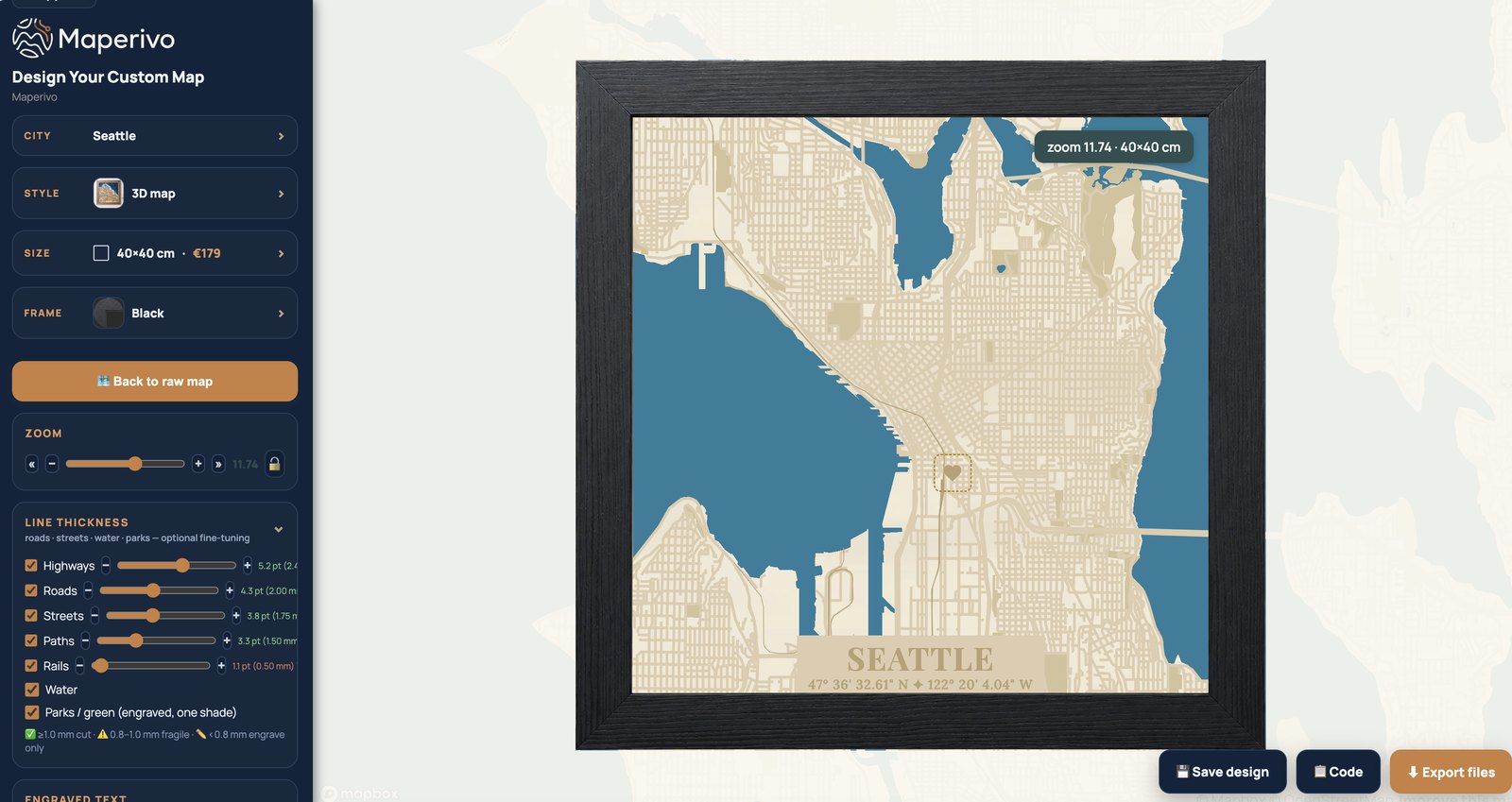 Maperivo designer — live framed map of Seattle